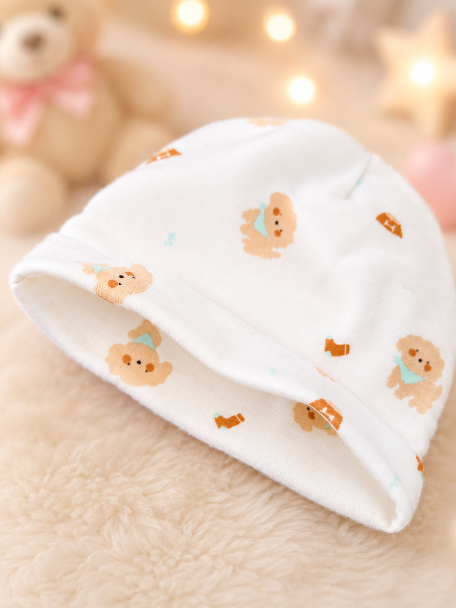 Ziva Knitted Cotton Baby Sleepsuit with Cap – Puppy Bear Print | Soft Ivory White