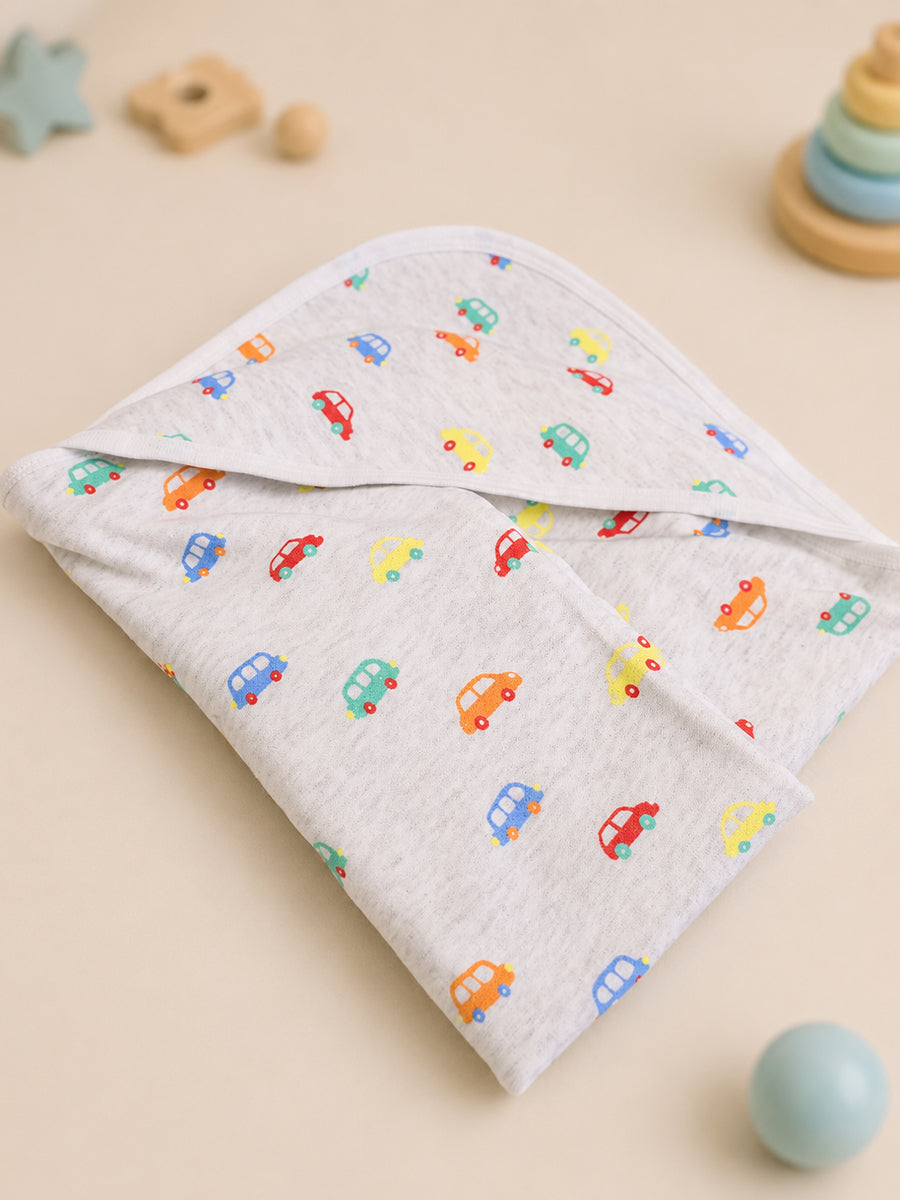 Ziva Baby Hooded Towel – Heather Grey | Tiny Multicolor Car Print | Knitted Cotton