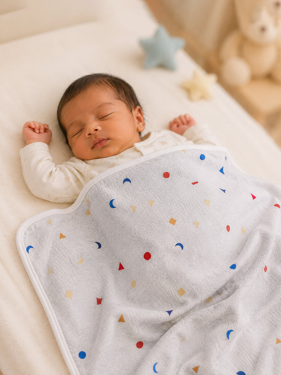 Ziva Baby Blanket – Grey Melange | Tiny Confetti Shapes Print | Knitted Cotton