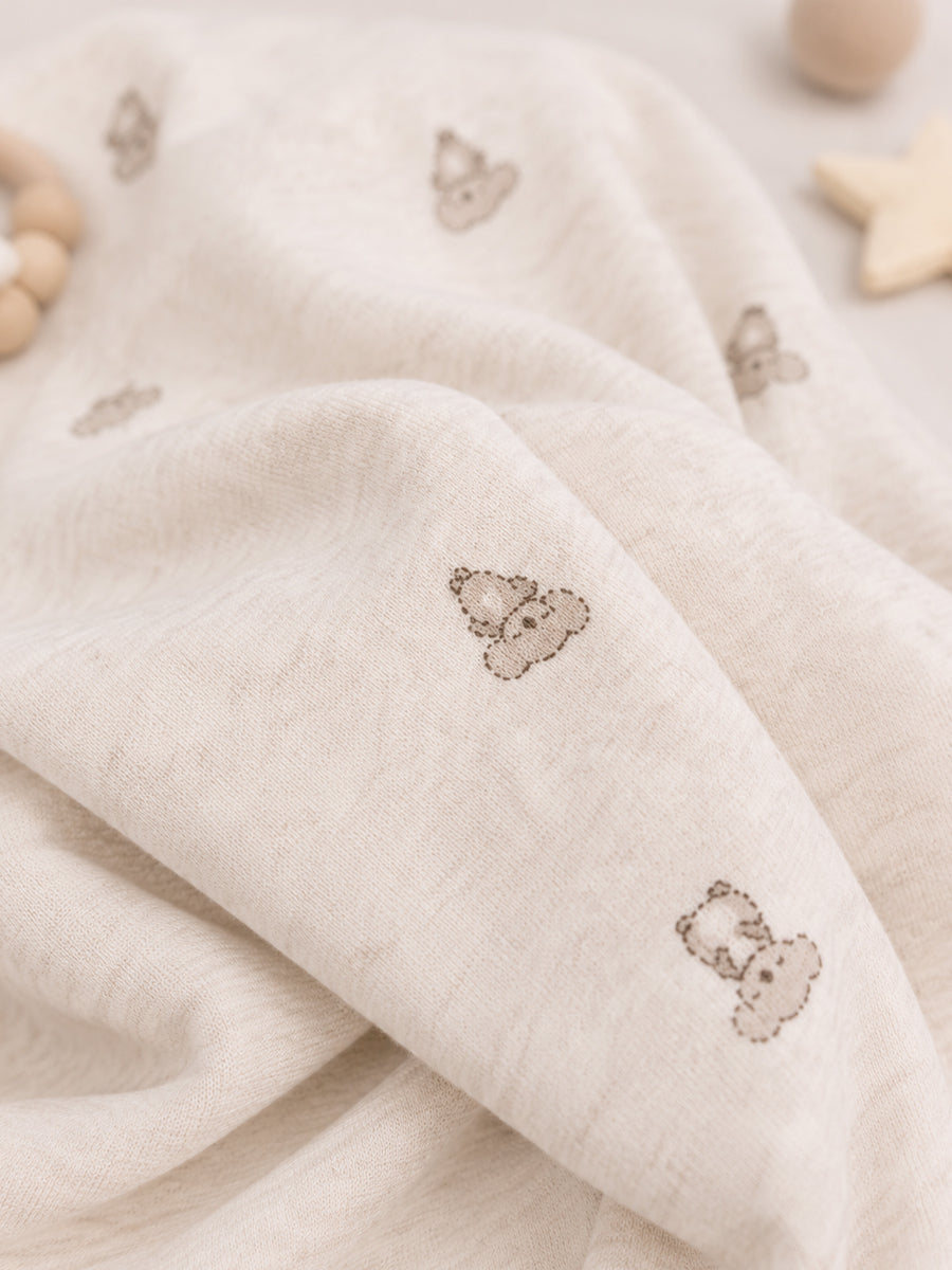 Ziva Baby Blanket – Soft Oatmeal Off White | Tiny Teddy Cloud Print | 100% Knitted Cotton