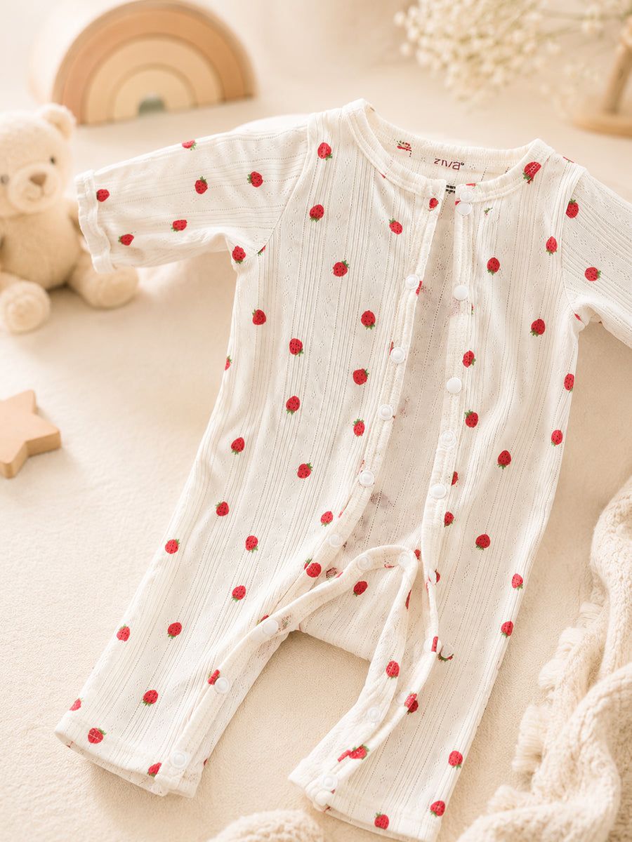 Ziva Baby Jumpsuit – Warm Cream | Tiny Strawberry Pointelle Print | Knitted Cotton Pointelle | Front Open Snap Button