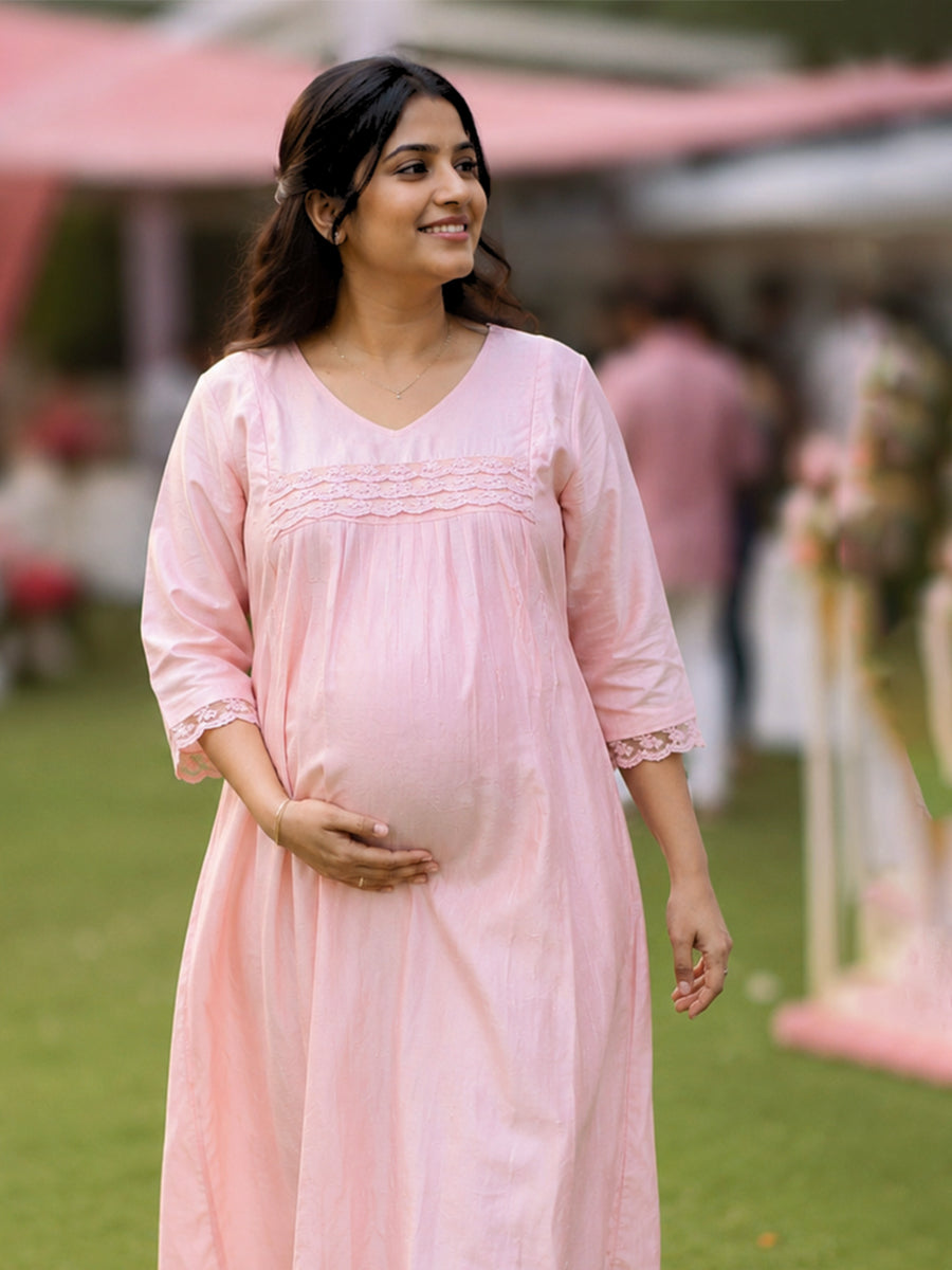 Ziva Maternity & Feeding Semi-Party Wear Dress with Crochet Lace, Invisible Feeding Zip & Pocket – Peach