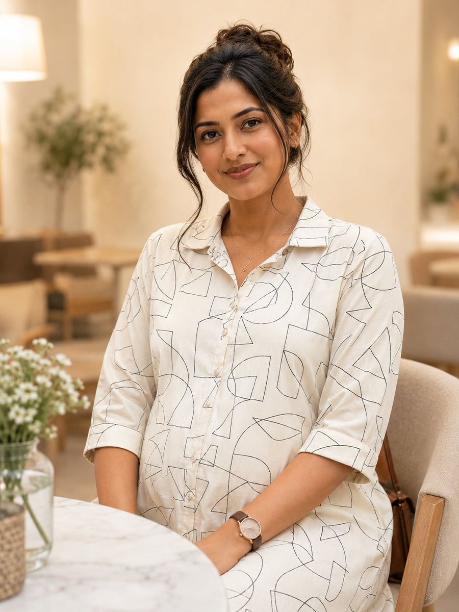 Ziva Maternity & Feeding Shirt Dress with Full Button Opening & Pocket – Beige Geometrical Print
