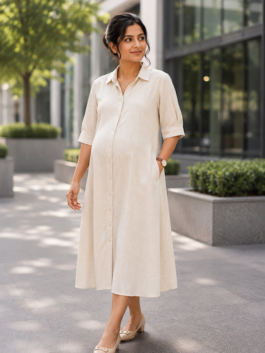 Ziva Maternity & Feeding Shirt Dress with Full Button Opening & Pocket – Beige with White Geometrical Print