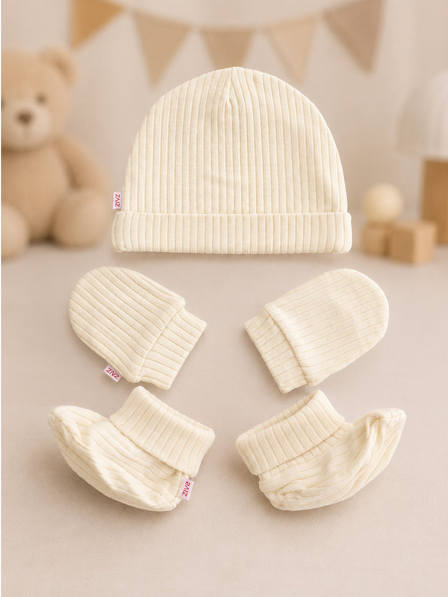 Ziva Baby Cap, Mitten & Bootie Set – Cream Yellowish | Knitted Cotton