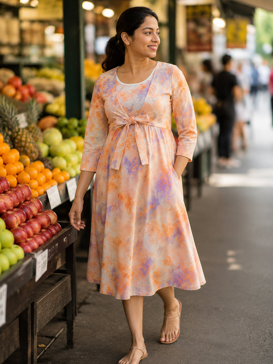 Ziva Watercolor Cloud Tie-Dye Print Knitted Cotton Maternity & Feeding Zipless Dress with Concealed Side-Pull Nursing Access