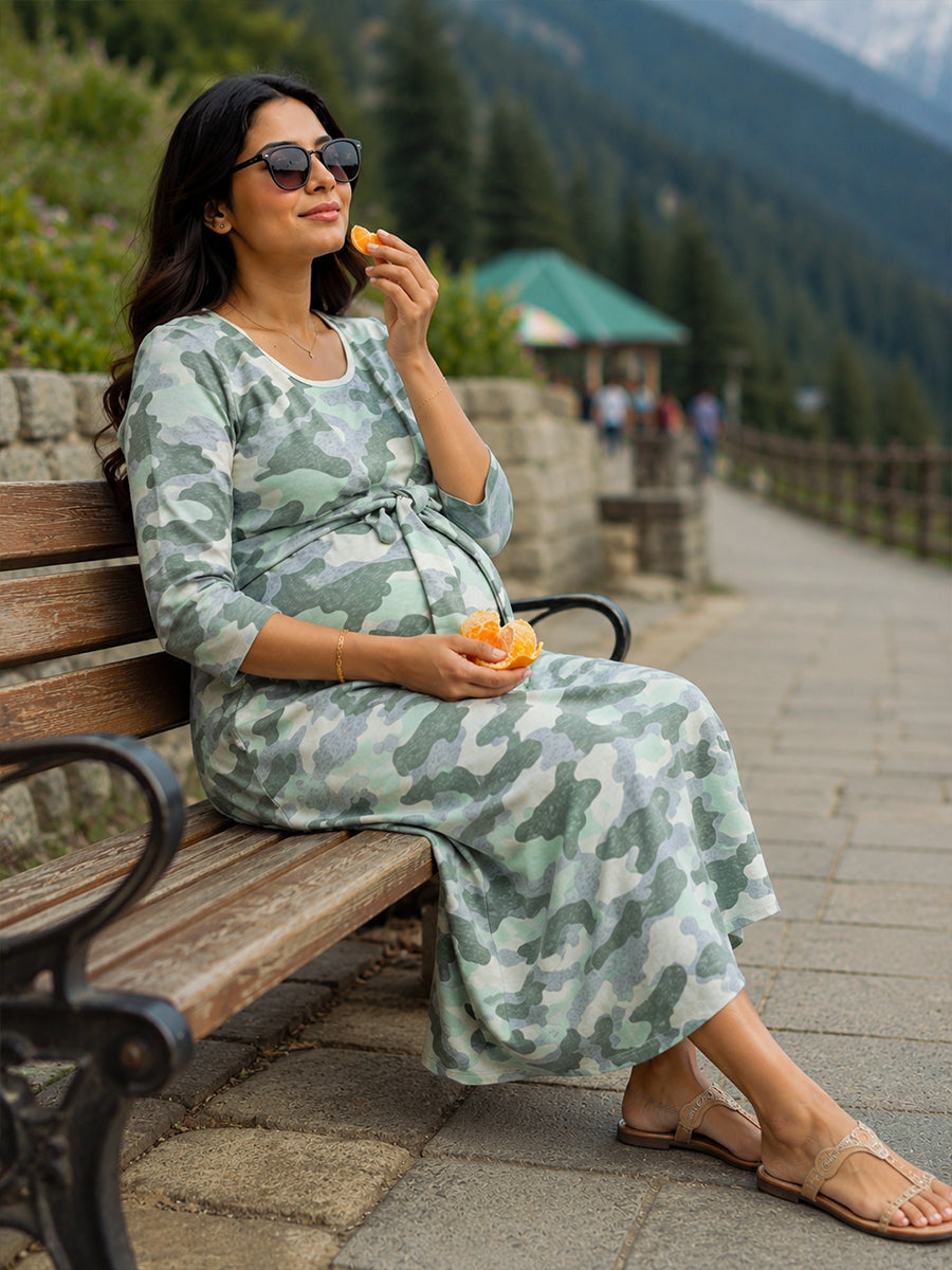 Ziva Camouflage Print Knitted Cotton Maternity & Feeding Zipless Dress with Concealed Side-Pull Nursing Access