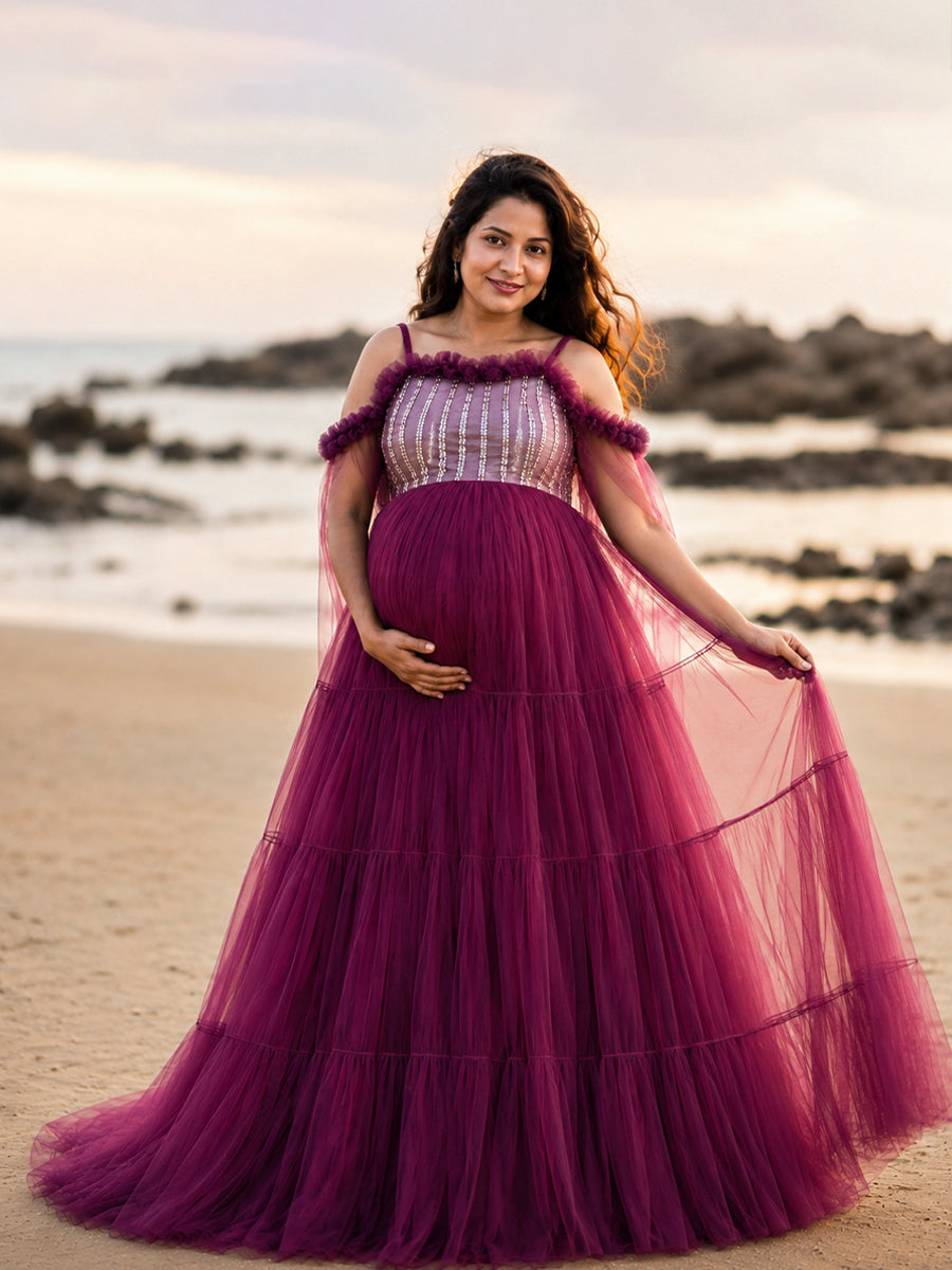 Ziva Maternity Photoshoot & Baby Shower Net Gown with Sequin Bodice & Flowing Cape Sleeves – Wine