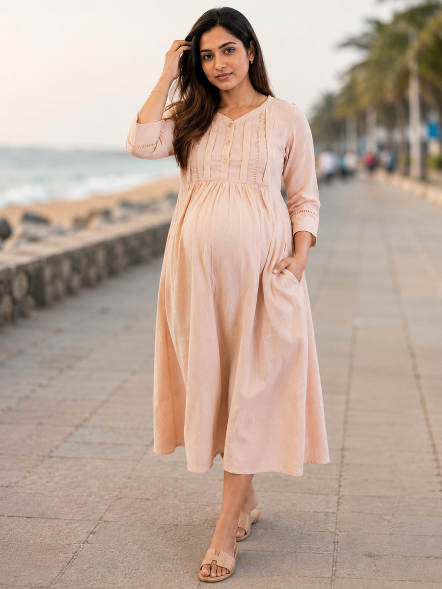 Ziva Maternity & Feeding Crinkle Textured Dress with Invisible Feeding Zip & Pocket – Peachy Pink