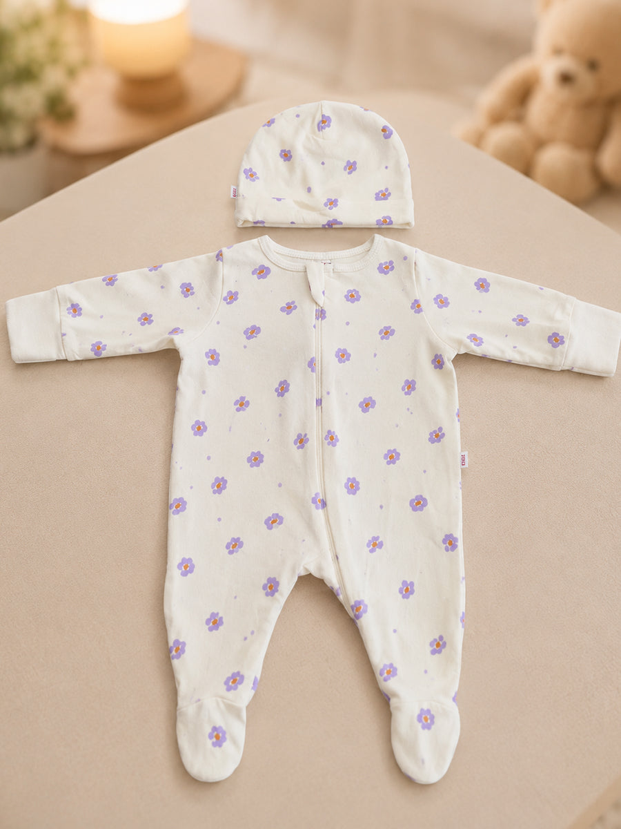 Ziva Baby Sleepsuit with Cap – Knitted Cotton Front Zip, Fold-Over Mittens & Integrated Booties | Lavender Blossom Print