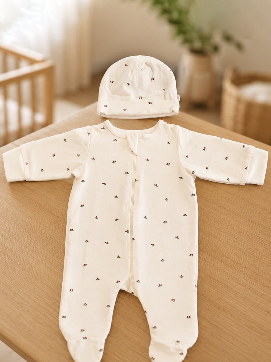 Ziva Baby Sleepsuit with Cap – Knitted Cotton Front Zip, Fold-Over Mittens & Integrated Booties | Mini Cherry Print