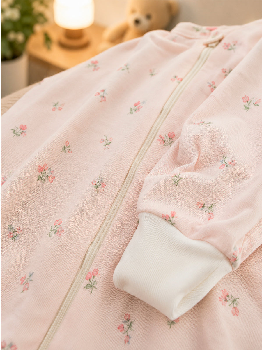 Ziva Baby Sleepsuit with Cap – Knitted Cotton Front Zip, Fold-Over Mittens & Integrated Booties | Soft Blush Pink | Blush Wildflower Print