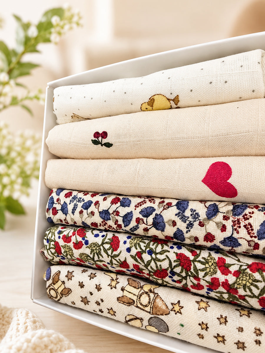 Ziva Baby Wipes – Double Layer Muslin Cotton | 9 × 9 Inch | Sweetheart Assorted Print Pack | 6 Pieces