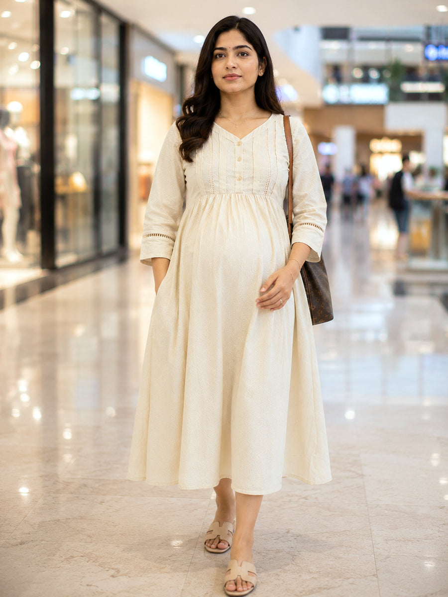 Ziva Maternity & Feeding Crinkle Textured Dress with Invisible Feeding Zip & Pocket – Cream