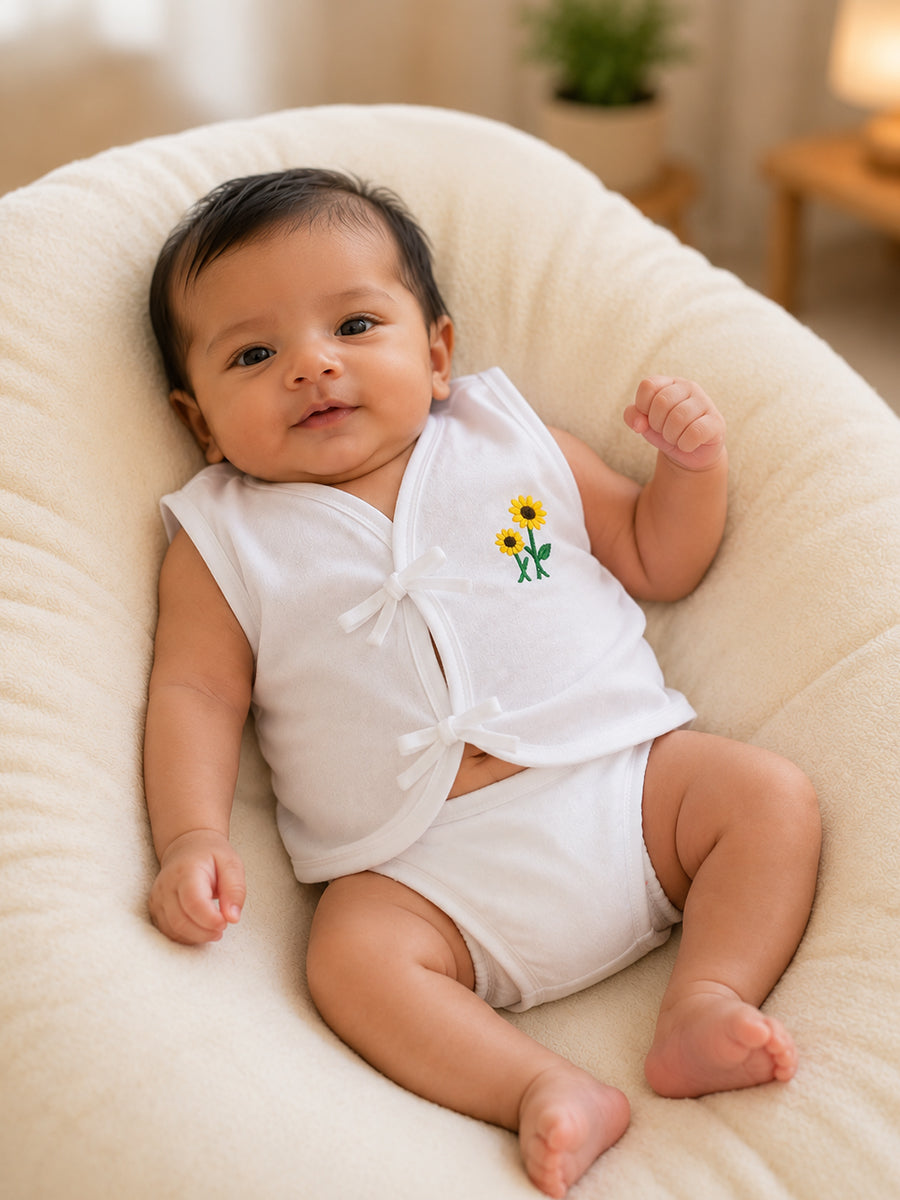 Ziva Premium Cotton Embroidery Jabla – Front Tie Newborn Baby Wear | Floral Design | 6 Pieces