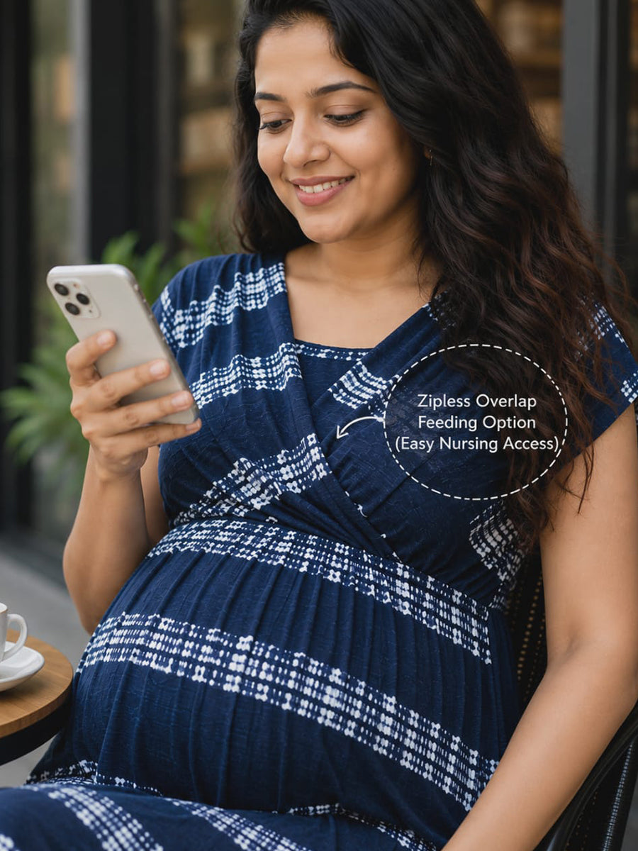 Ziva Maternity & Feeding Knitted Cotton Midi Dress with Zipless Feeding Access & Pocket – Navy Blue Tie-Dye Stripes