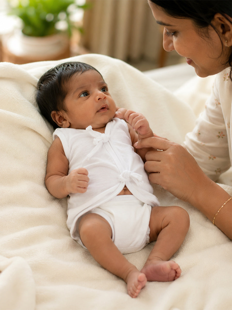 Ziva Knitted Cotton White Jabla – Newborn Baby Wear | 6 Pieces