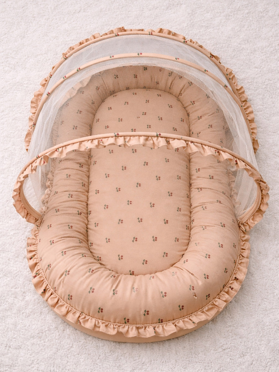 Ziva Baby Net Bed with Head Rest – Organic Cotton Brown Cherry Print