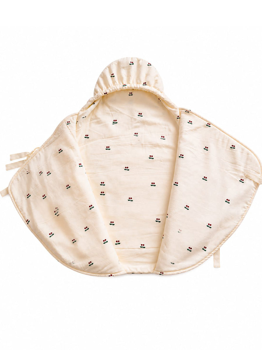 Ziva Organic Cotton Baby Egg Wrap with Hood & Adjustable Side Ties – Cream Cherry Print
