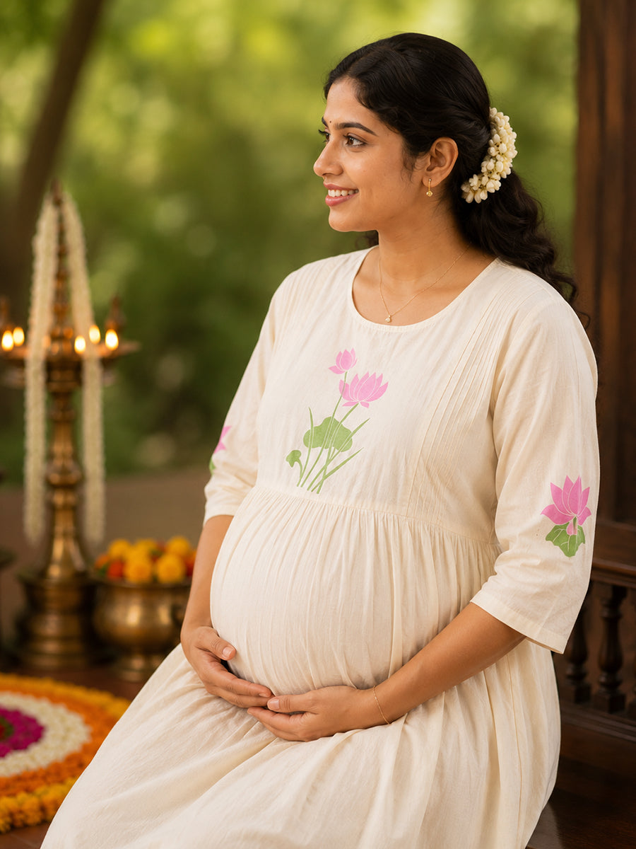 Ziva Onam Maternity & Feeding Dress | Onakodi | Light Cream Lotus Print | Invisible Feeding Zips & Side Pocket