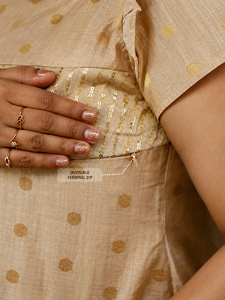Ziva Onam Maternity & Feeding Dress | Onakodi | Off White with Gold Butta Print | Invisible Feeding Zips & Side Pocket