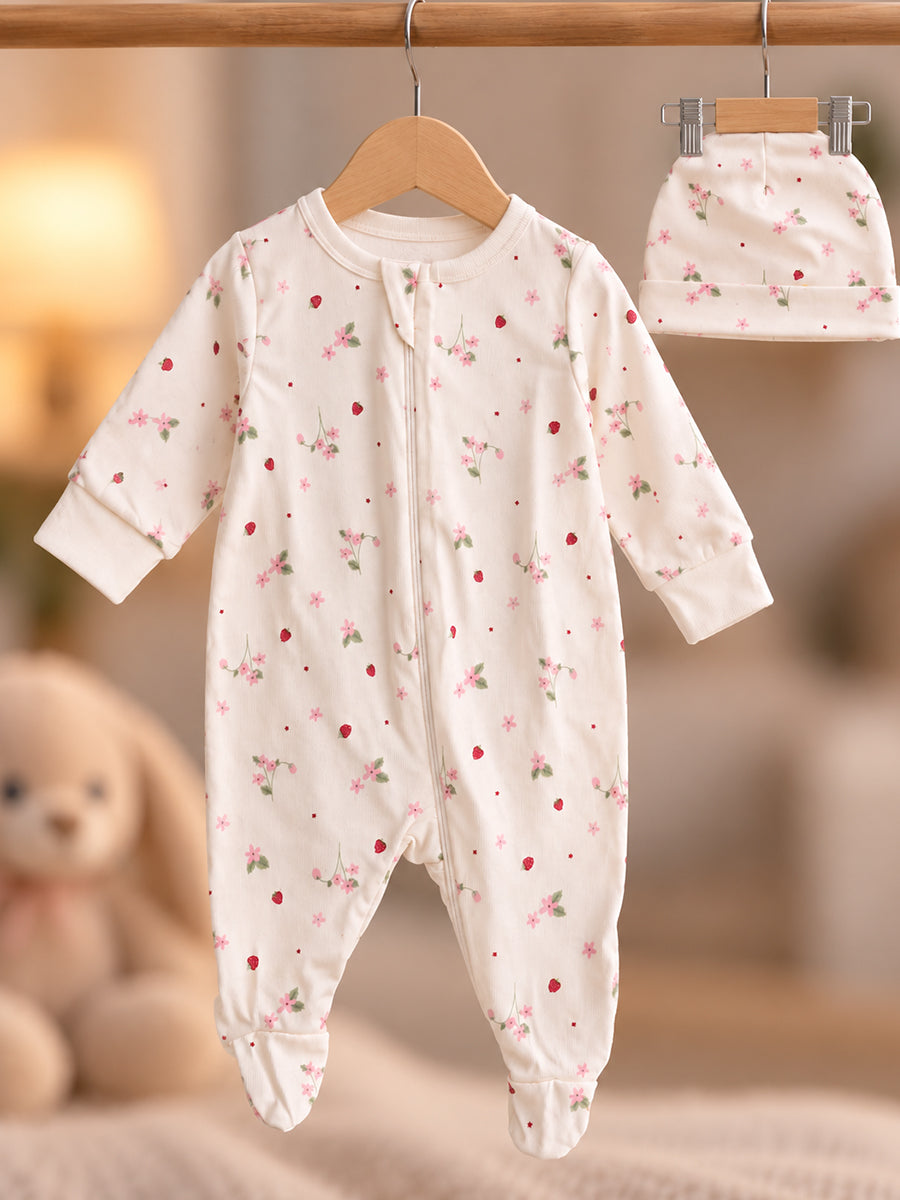 Ziva Baby Sleepsuit with Cap – Off White Tiny Strawberry Blossom Print | Premium Knitted Cotton | Front Zip | Fold-Over Mittens & Integrated Booties