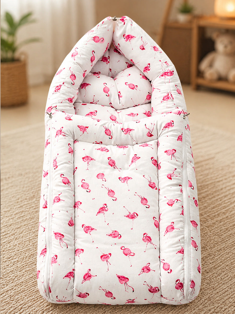 Ziva 3-in-1 Baby Bed –  Carry Nest cum Sleeping Bag (Flamingo Pink Print on White cotton Fabric)