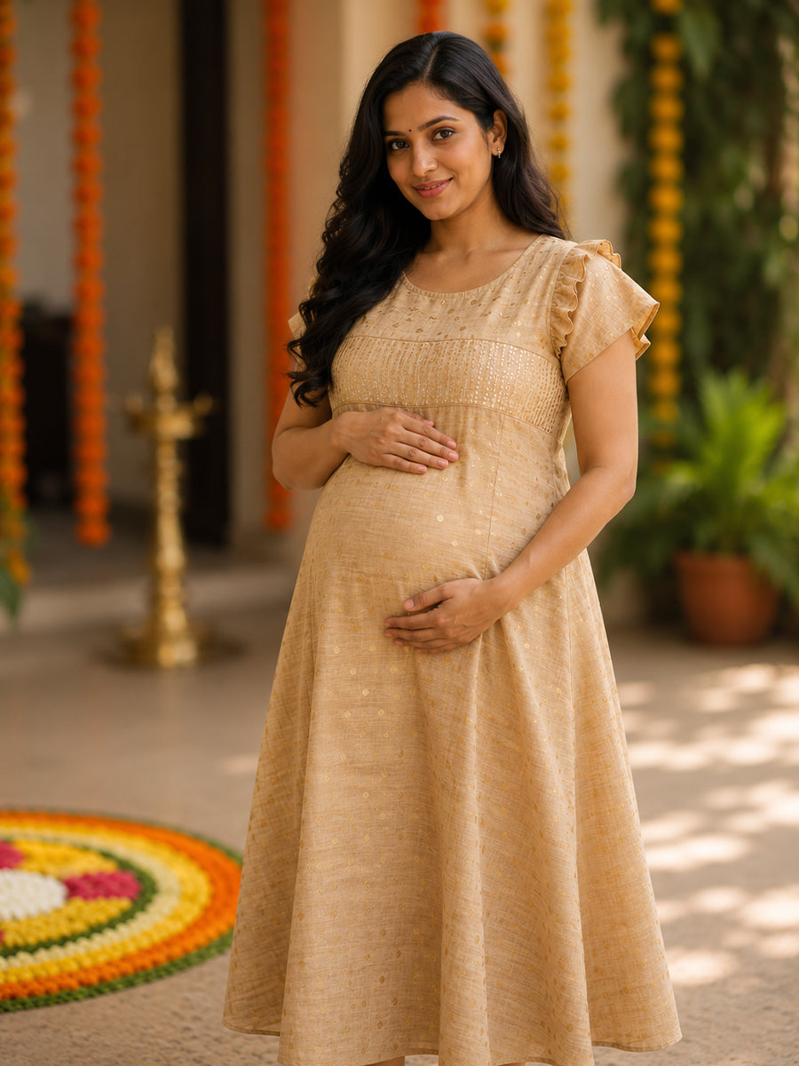 Ziva Onam Maternity & Feeding Dress | Onakodi | Off White with Gold Butta Print | Invisible Feeding Zips & Side Pocket