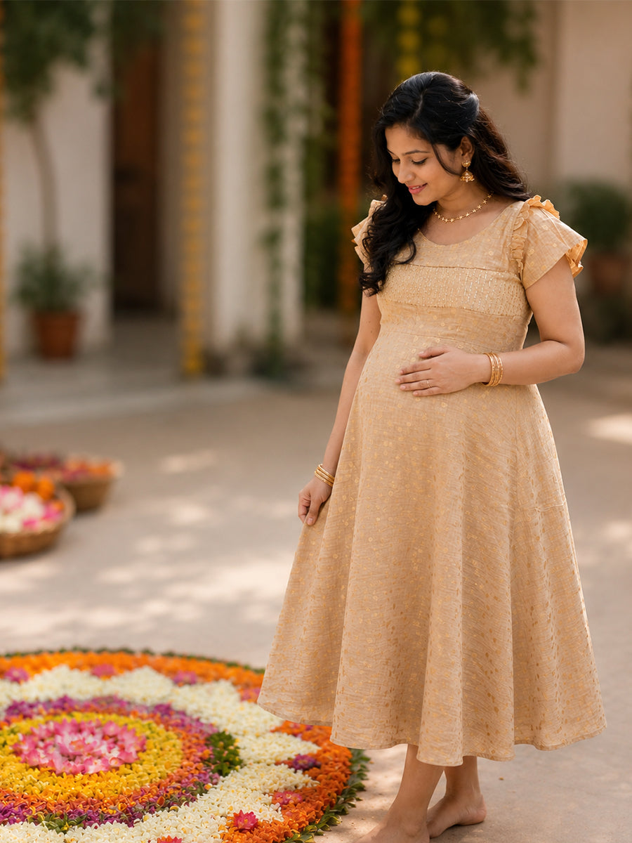 Ziva Onam Maternity & Feeding Dress | Onakodi | Off White with Gold Butta Print | Invisible Feeding Zips & Side Pocket