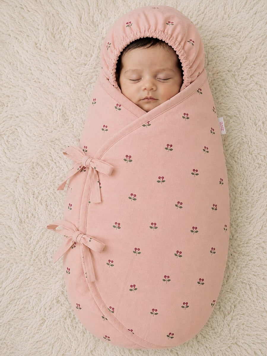 Ziva Organic Cotton Baby Egg Wrap with Hood & Adjustable Side Ties – Brown Cherry Print