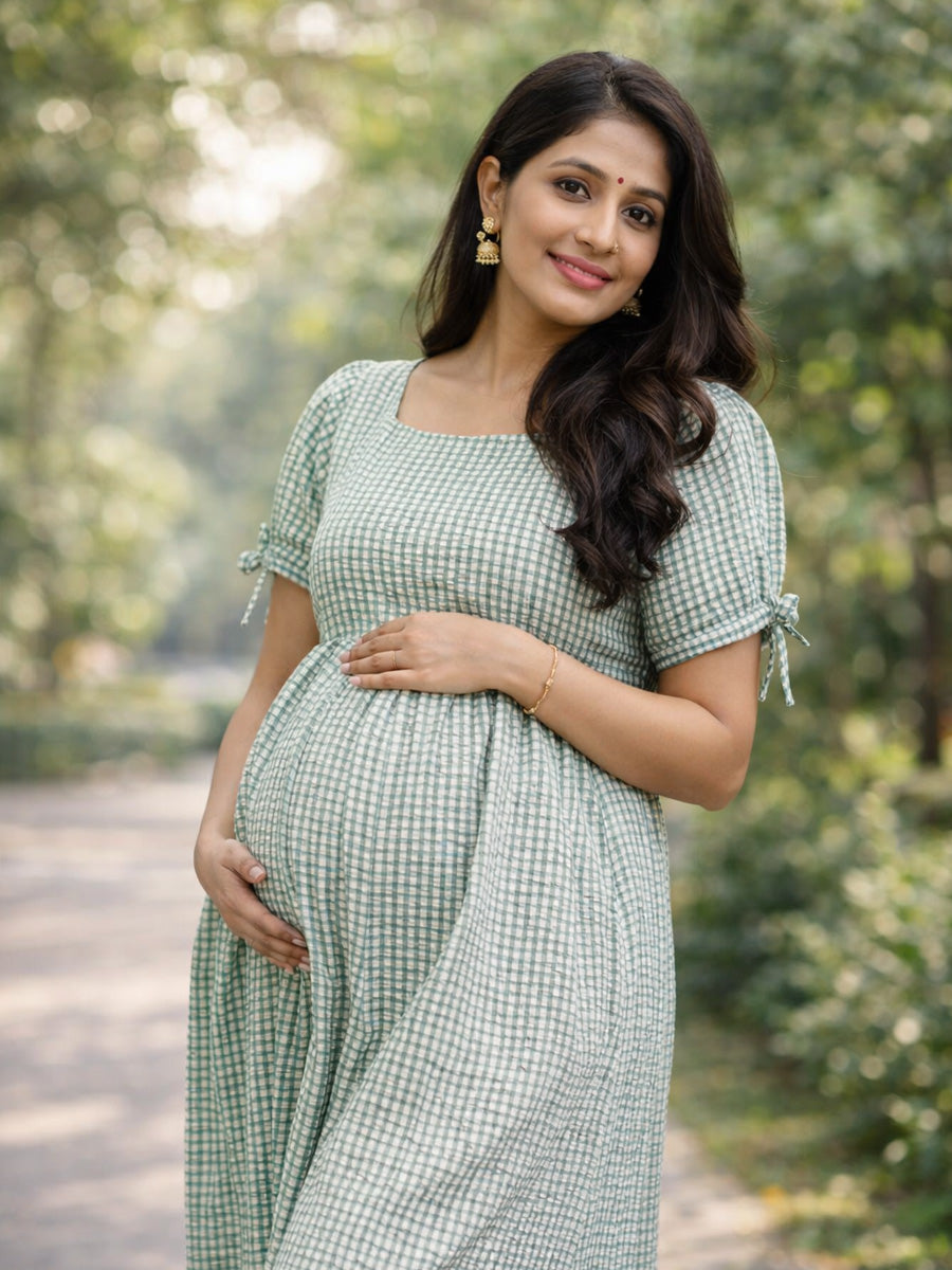 Trendy Maternity & Feeding Dress – Green & Off-White Gingham (Seersucker Fabric)