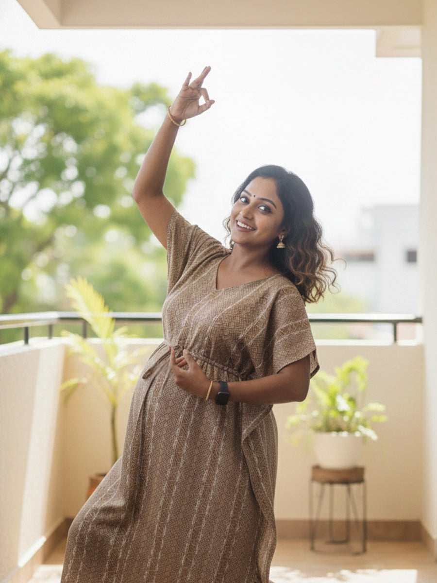 Golden Brown Chevron Premium Maternity & Nursing Kaftan | Ziva