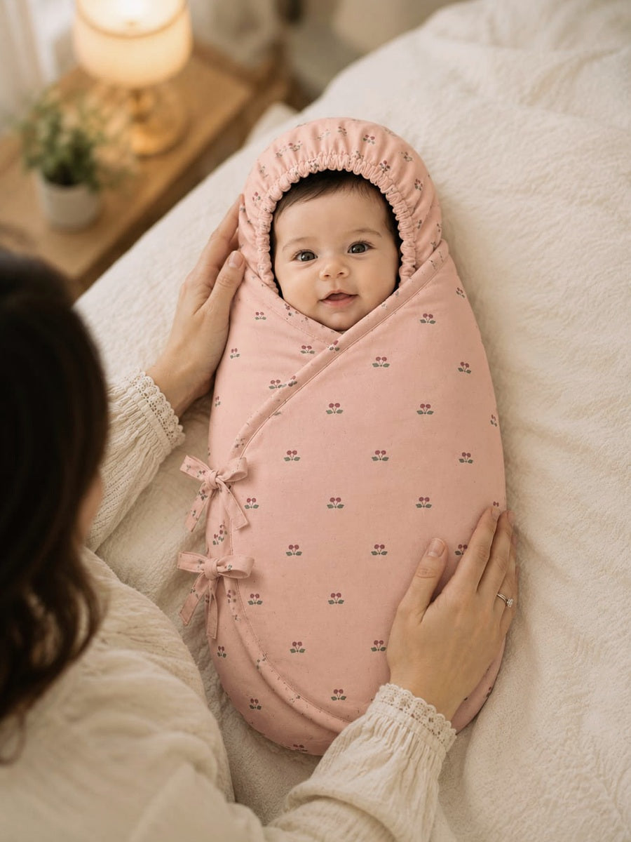 Ziva Organic Cotton Baby Egg Wrap with Hood & Adjustable Side Ties – Brown Cherry Print