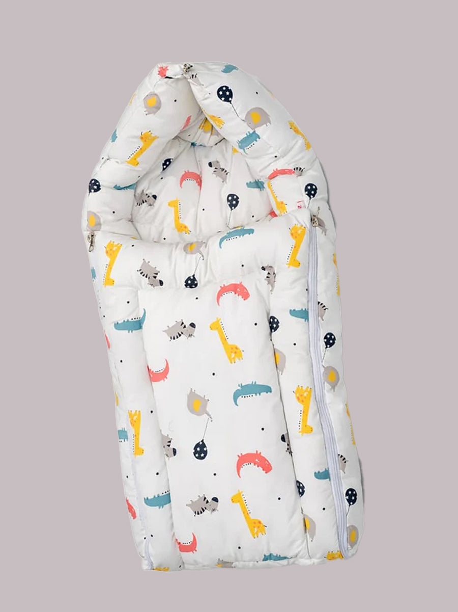 Ziva 3-in-1 Baby Bed – Cotton Carry Nest cum Sleeping Bag (Cartoon Animal Print on White Fabric)