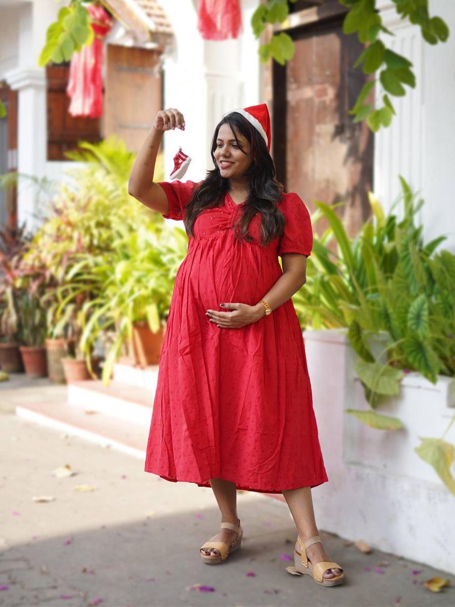 short red maternity dress Red Satin Ruffle V-Neck Short Sleeve Maternity Dress PinkBlush