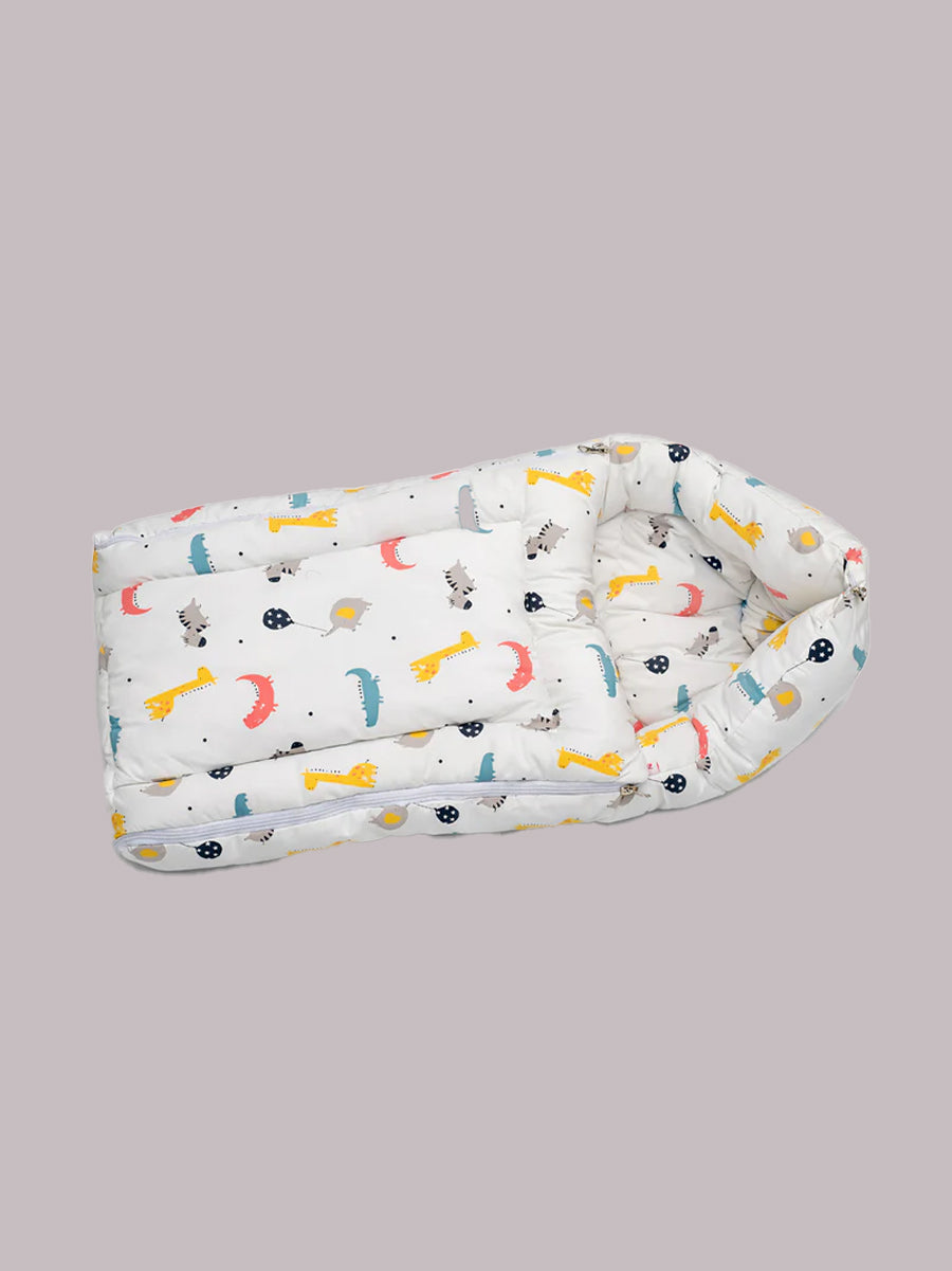 Ziva 3-in-1 Baby Bed – Cotton Carry Nest cum Sleeping Bag (Cartoon Animal Print on White Fabric)
