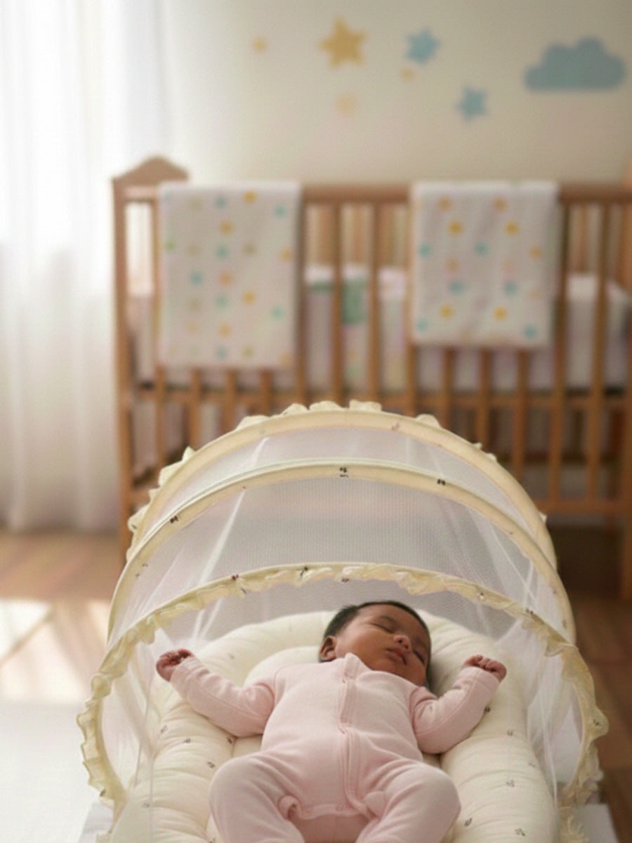 Ziva Baby Net Bed with Head Rest – Organic Cotton Cream Cherry Print