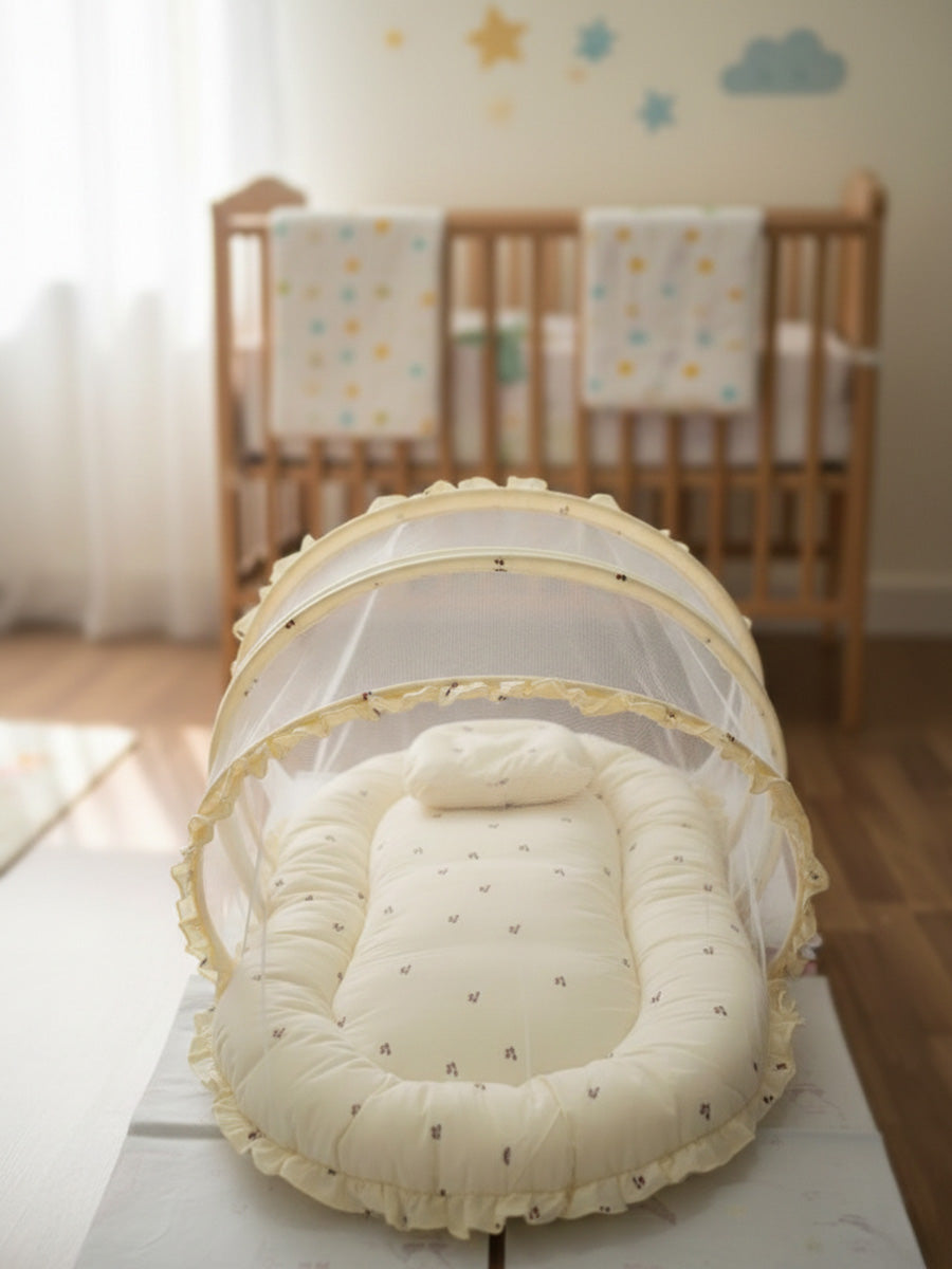 Ziva Baby Net Bed with Head Rest – Organic Cotton Cream Cherry Print