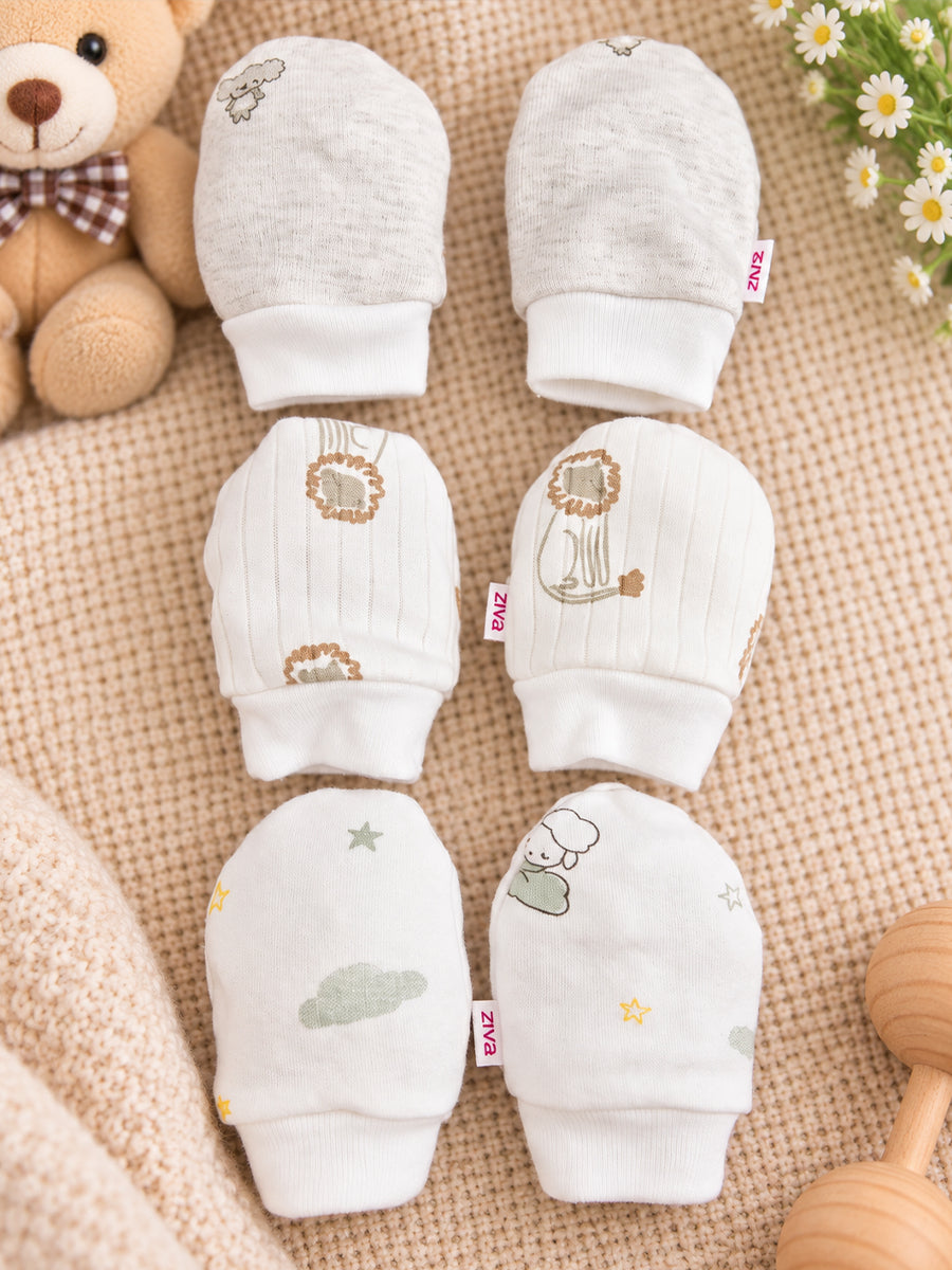 Ziva Premium Baby Mittens – Pack of 3 Pairs | Knitted Cotton | Assorted Unisex Prints – Bunny, Safari & Cloud Theme (Print & Colour Details: Check Product Description)