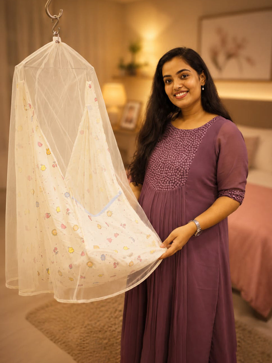 Ziva Multipurpose Cotton Baby Cradle with Bed & Convertible Swing Chair – Off White Cartoon Fruit Print