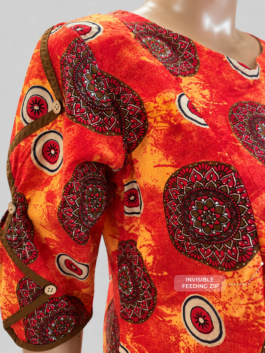 Ziva Maternity & Feeding Cotton Kurta with Double Side Feeding Zip – Burnt Orange Red Ethnic Mandala Print
