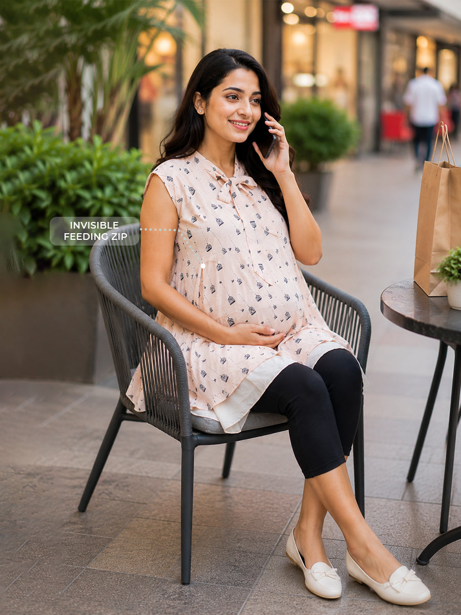 Ziva Maternity & Feeding Short Top with Dual Feeding Zips & Adjustable Side Tie – Soft Blush Pink Vintage Birdcage Print
