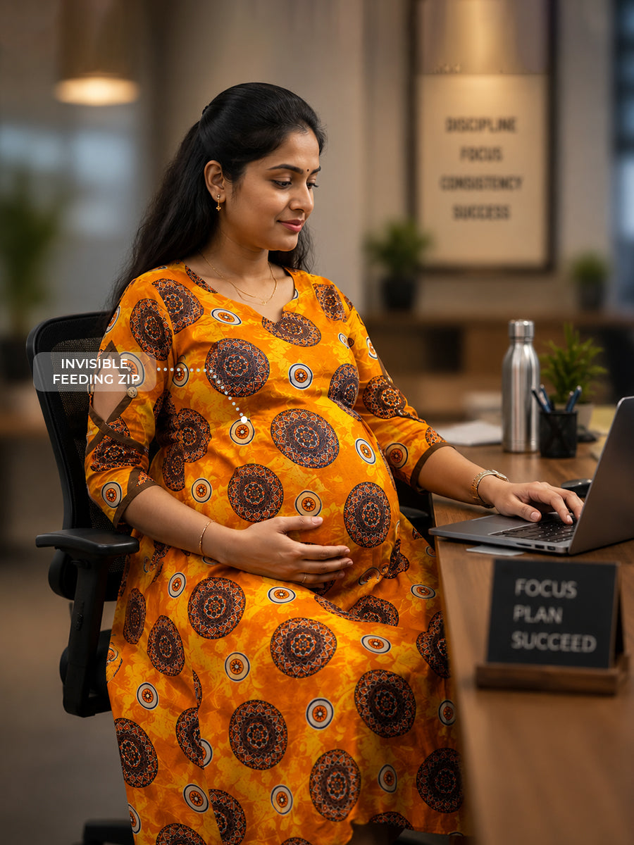 Ziva Maternity & Feeding Cotton Kurta with Double Side Feeding Zip – Mustard Marigold Ethnic Mandala Print