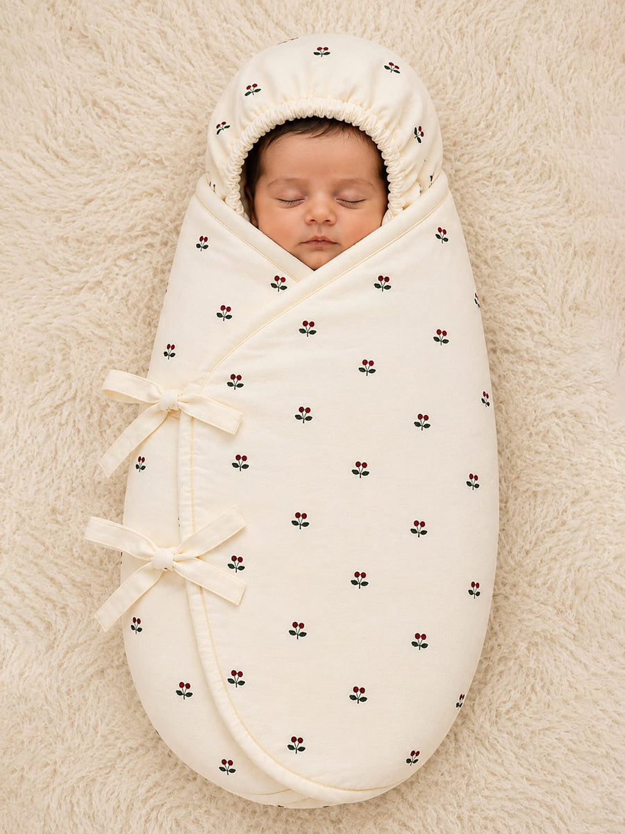 Ziva Organic Cotton Baby Egg Wrap with Hood & Adjustable Side Ties – Cream Cherry Print