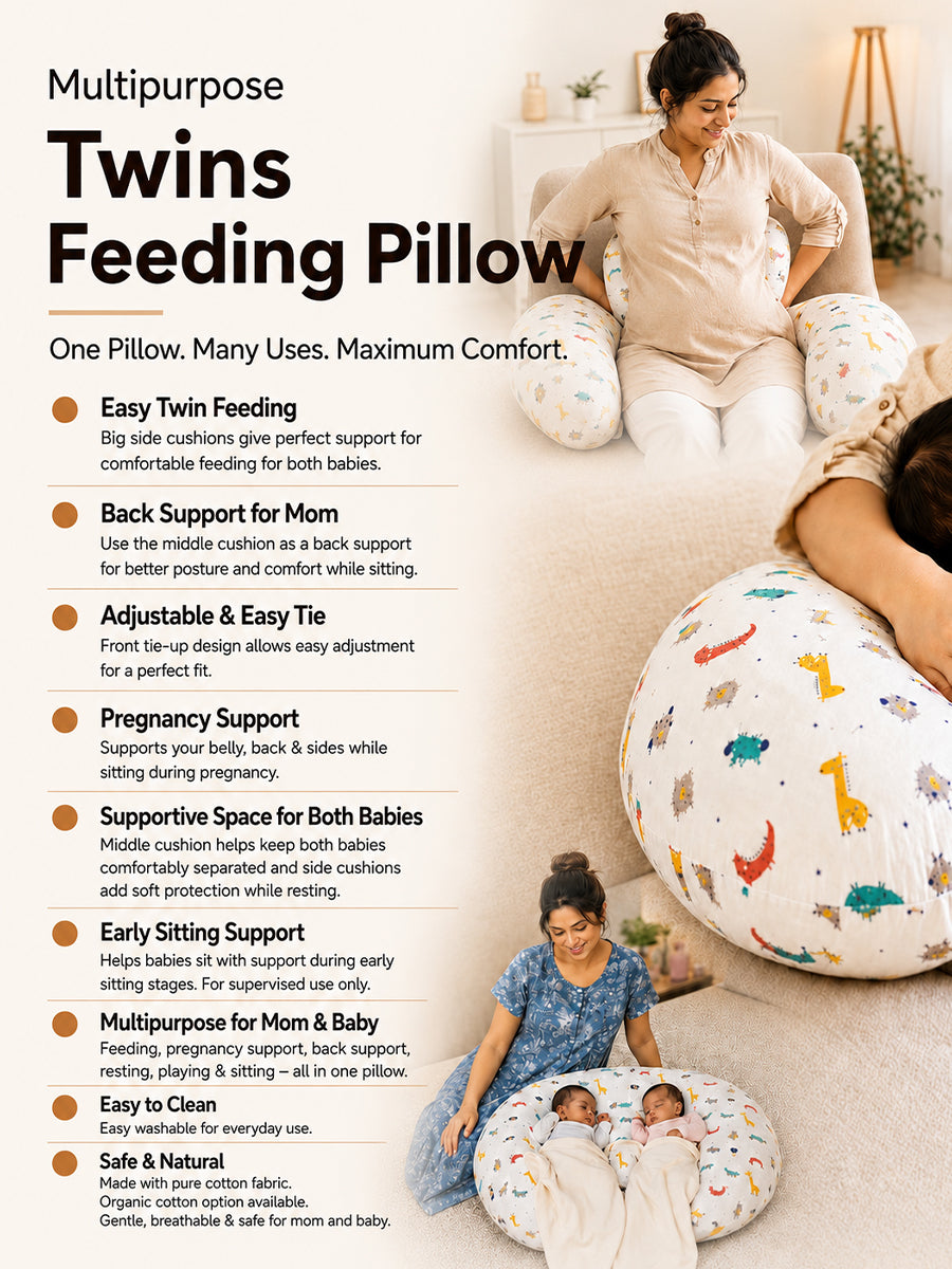 Ziva Multipurpose Twin Feeding Pillow – Organic Cotton with Back Support & Adjustable Tie | Berry Bloom Print| Light Brown