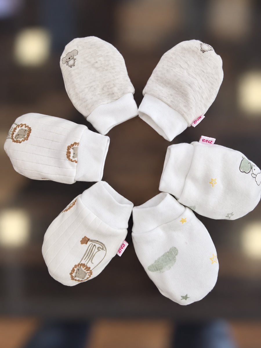 Ziva Premium Baby Mittens – Pack of 3 Pairs | Knitted Cotton | Assorted Unisex Prints – Bunny, Safari & Cloud Theme (Print & Colour Details: Check Product Description)