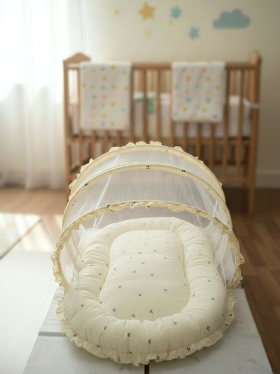 Ziva Baby Net Bed with Head Rest – Organic Cotton Cream Cherry Print