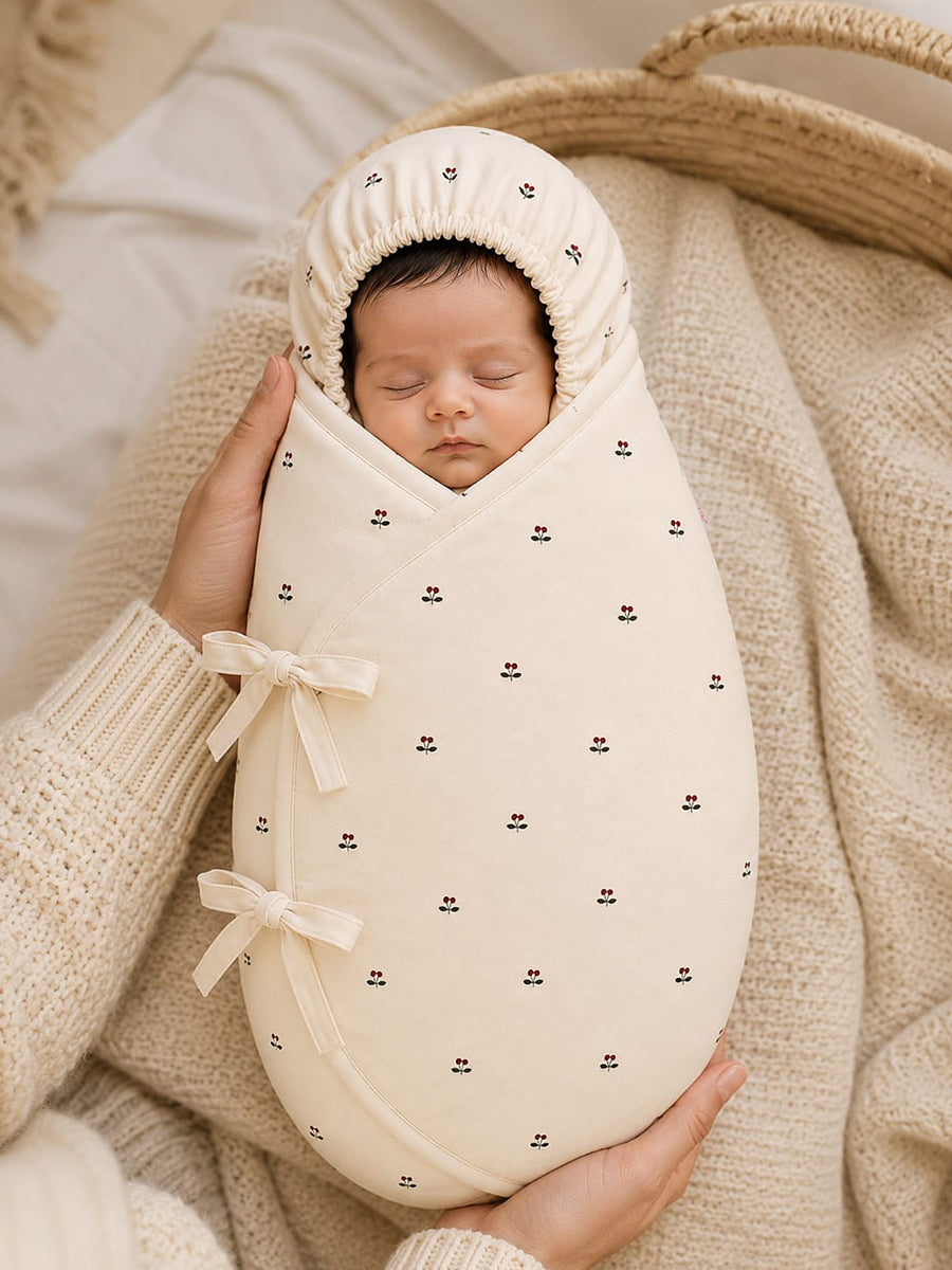 Ziva Organic Cotton Baby Egg Wrap with Hood & Adjustable Side Ties – Cream Cherry Print