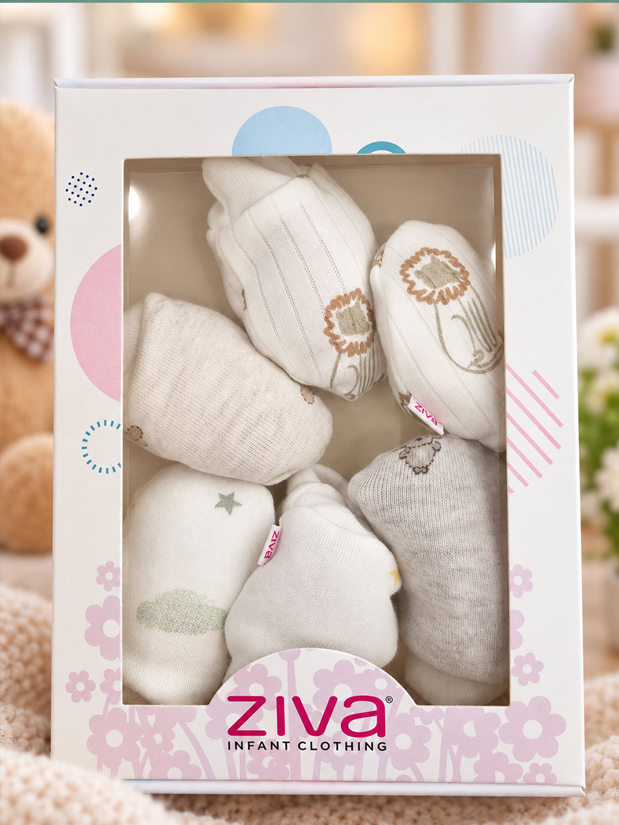Ziva Premium Baby Mittens – Pack of 3 Pairs | Knitted Cotton | Assorted Unisex Prints – Bunny, Safari & Cloud Theme (Print & Colour Details: Check Product Description)