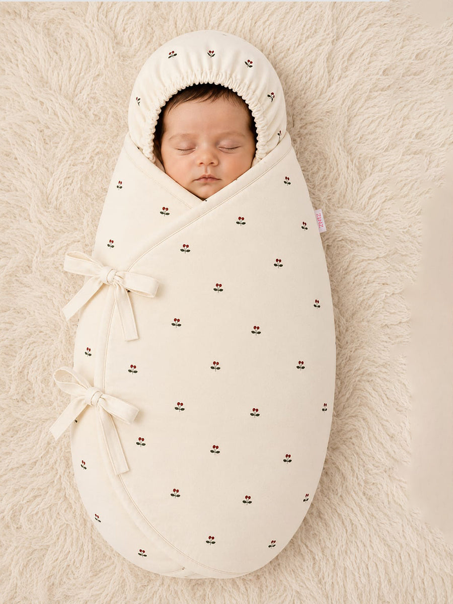 Ziva Organic Cotton Baby Egg Wrap with Hood & Adjustable Side Ties – Cream Cherry Print